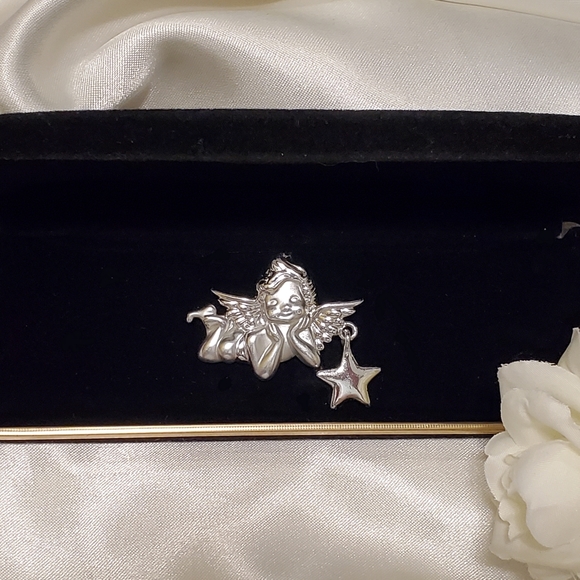 ❗️3/30$ Cute Vintage Brooch SIGNED A.J.C. Angel With Star ~ Brooch Silver Tone - Picture 2 of 5